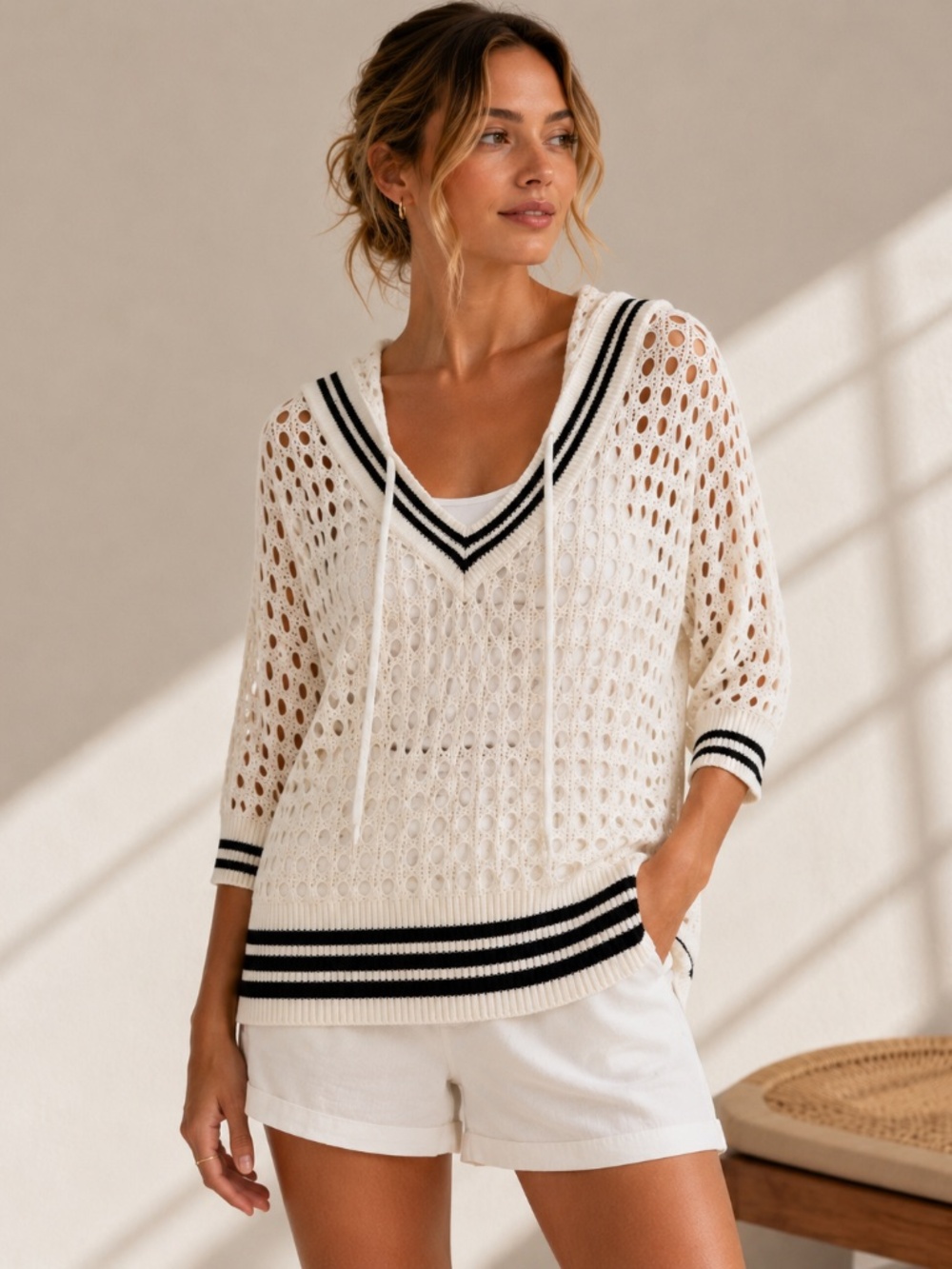 Open Knit Hooded Sweater White Black Trim NWT Coastal Resort XS